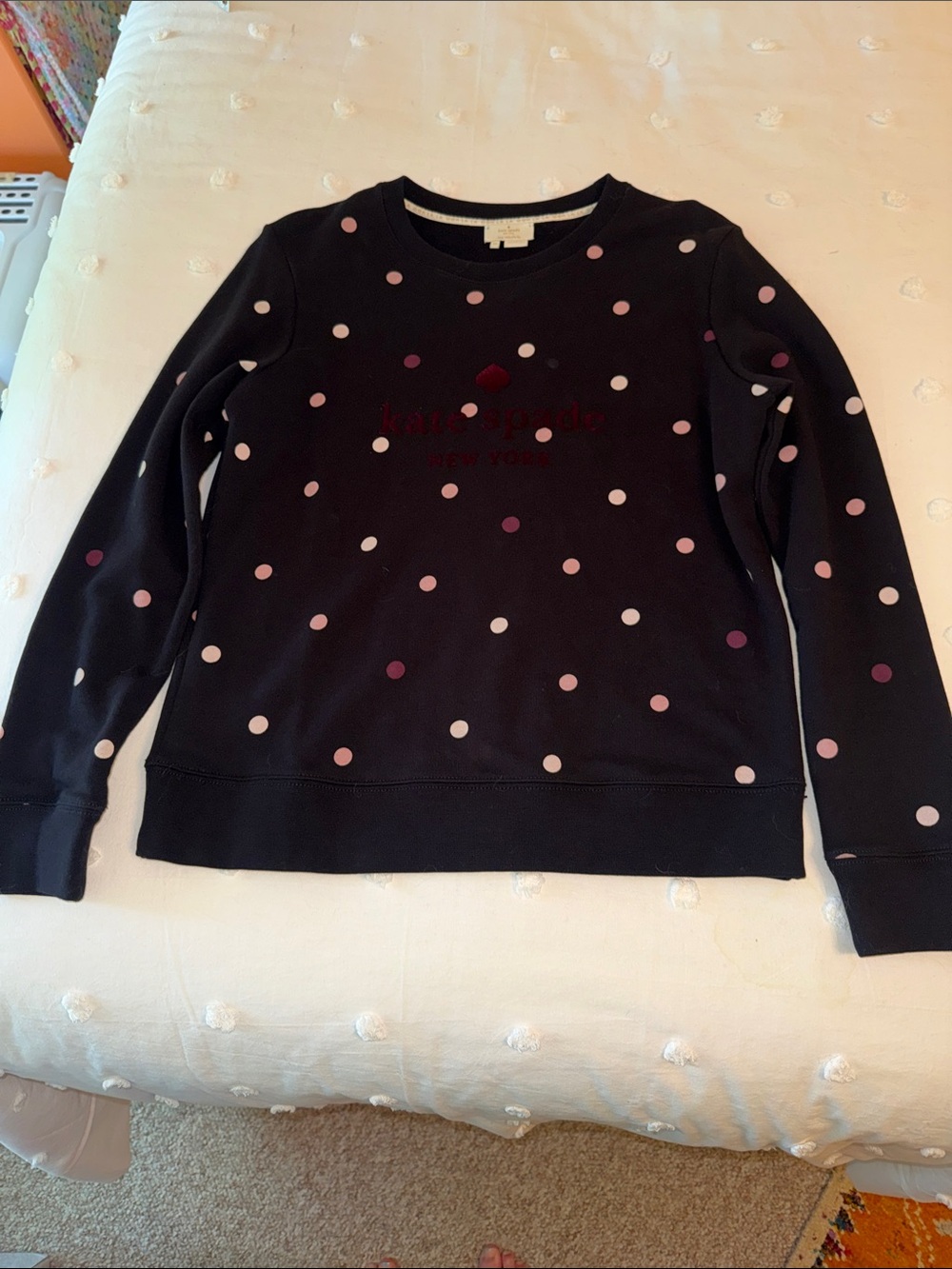 kate spade black sweatshirt with pink and plum polka dots